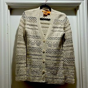 Tory Burch, crocheted cream, and gold cardigan metallic spring.NWOT. Small✨🌟